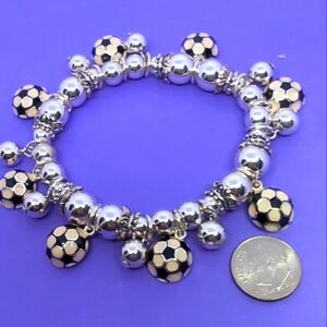 ⚽⚽Soccer BallsbBeaded Bracelet Black/White & Sterling Beads 8 Charms NWT